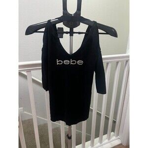 Bebe Swarovski Crystal Bedazzled Y2K Logo Cold Shoulder V-Neck Sweater